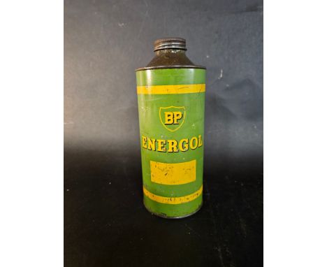 A BP Energol cylindrical quart oil can.