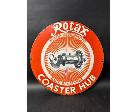A 'Rotax Coaster Hub single sided circular enamel sign with picture of cycle hub to centre, heavily restored, 19 1/2" diamete