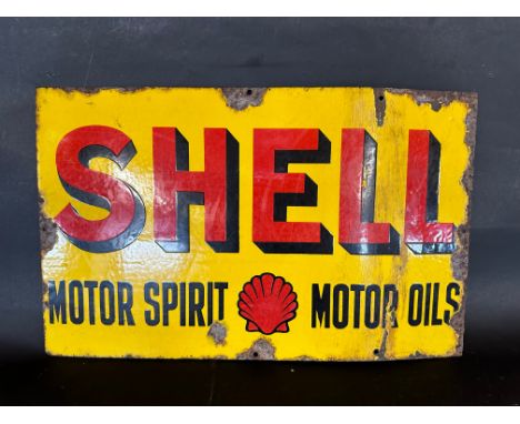 A Shell Motor Spirit and Motor Oils (with clam motif) double sided enamel advertising sign, lacking hanging flange. 24 x 15".