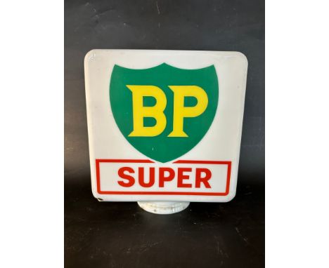 A BP Super box-shaped petrol pump globe by Webbs Crystal Glass, good colour to both sides, damage to one lower corner, 16" wi