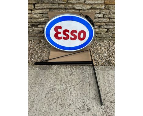 An Esso double sided light-up sign comprising acrylic panels in metal frame with substantial hanging bracket, 36 x 26 1/4".