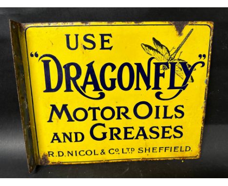 A rare Use Dragonfly Motor Oils and Greases double sided enamel advertising sign with hanging flange by R. D. Nicol &amp; Co 