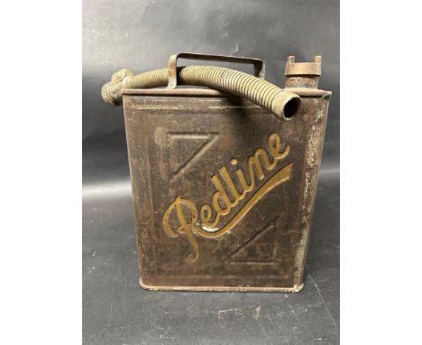 A Redline embossed two gallon petrol can with Redline cap in original paint, Valor 10 35 to base with accessory pouring spout