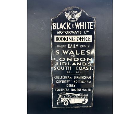 A rare Black &amp; White Motorways Ltd Booking Office single sided pictorial enamel advertising sign, S. Wales to London, Mid