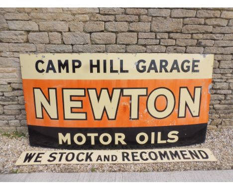 A large Newton Motor Oils enamel advertising sign for Camp Hill Garage, 48 x 96" and comlimenting 'We Stock and Recommend' en