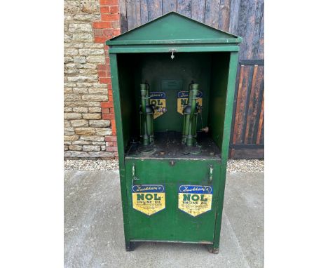 A garage oil dispensing cabinet featuring Duckham's NOL Engine Oil stickers.