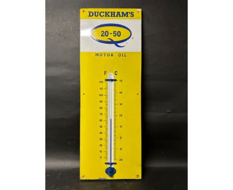 A Duckhams Q 20-50 Motor Oil enamel advertising sign with integral thermometer. 13 x 36".