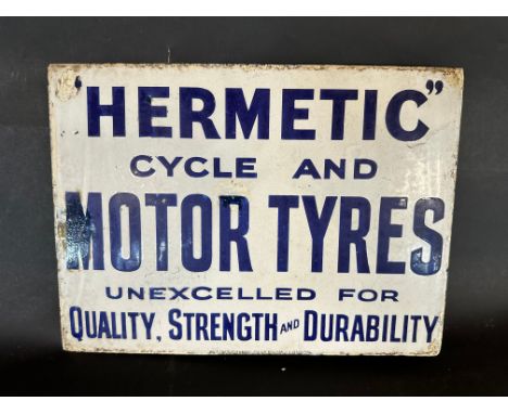 A Hermetic Cycle and Motor Tyres double sided enamel advertising sign with hanging flange in original condition, by Patent En