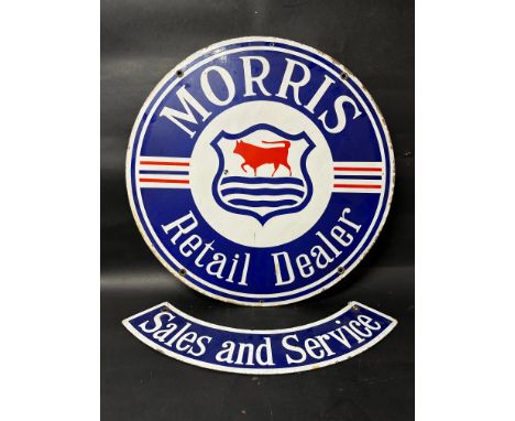 A Morris Retail Dealer double sided circular enamel advertising sign with additional Sales and Service hanging sign, of good 