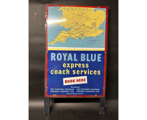 A 'Royal Blue Express Coach Services' pictorial enamel sign mounted on a wooden display frame, 21 x 36 3/4".