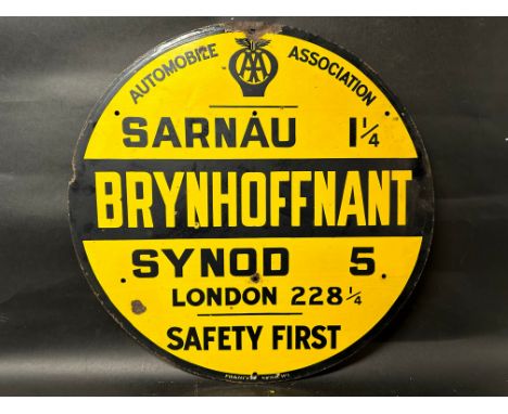An AA Brynhoffnant town sign (Wales) including mileage to Sarnau, Synod and London enamel sign by Franco Signs, 30" diameter.