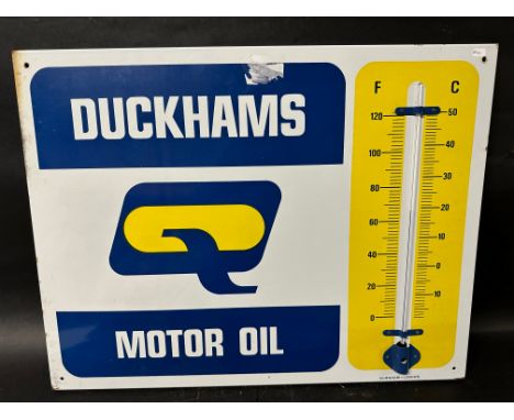 A Duckhams Q Motor Oil enamel advertising sign with integral thermometer by Burnham London, 26 x 20".