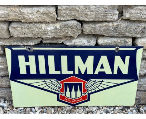 A Hillman double sided enamel advertising sign by Franco signs, with hanging holes, excellent gloss, 28 x 15". 