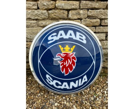 A Saab &amp; Scania dealership circular single sided light-up wall display sign, a convex acrylic panel in metal frame, 27 1/