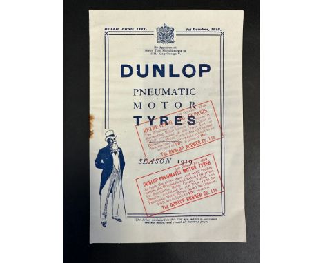 A Dunlop Pneumatic Motor Tyres price list for the 1919 season.