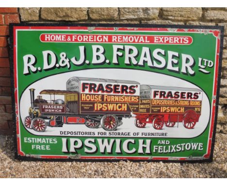 An R.D. &amp; J.B. Fraser Ltd House Furnishers of Ipswich pictorial enamel advertising sign, mounted on chipboard, depicting 
