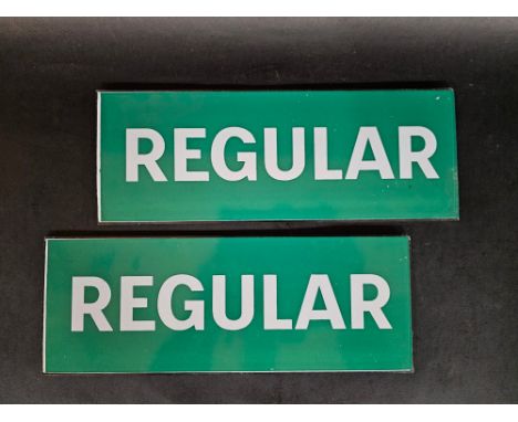 A pair of BP Regular glass advertising insert panels to suit an Avery Hardoll petrol pump.