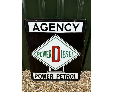 A Power Diesel/Petrol Agency enamel advertising sign depicting a petrol pump globe, 35 x 42".