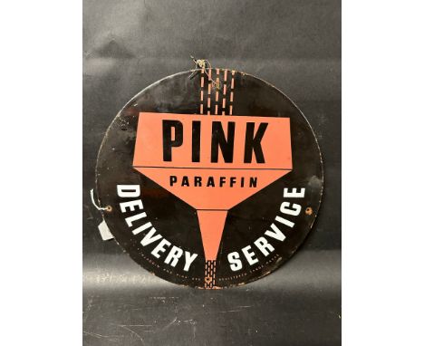 A Pink Paraffin Delivery Service pictorial circular double sided enamel sign depicting a fuel funnel, 15" diameter.
