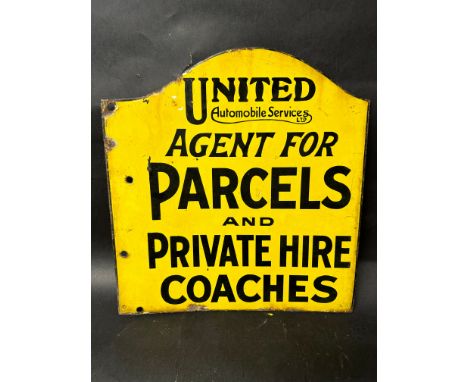 A United Automobile Services Ltd. Agent for Parcels and Private Hire Coaches double sided enamel advertising sign, 17 x 18".