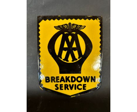 A 1950s/60s AA Breakdown Service small enamel advertising sign, 7 x 9".