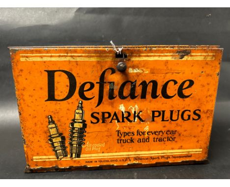 A Defiance Spark Plugs 'Types for every car truck and tractor' countertop dispensing cabinet, damage to catch, 15 1/4 x 9 3/4