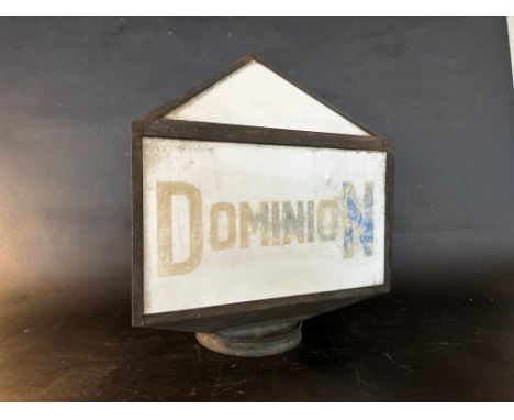 A rare Dominion lantern-shaped post or pillar mounted globeof unusual form being  metal framed, with three individual milk gl