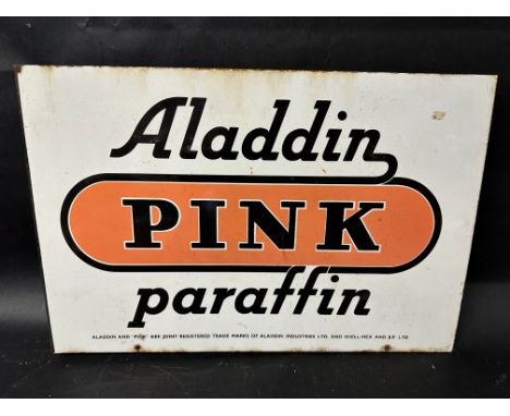 An Aladdin Pink Paraffin double sided enamel advertising sign with hanging flange, 21 x 14".