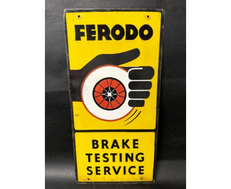 A Ferodo Brake Testing Service pictorial double sided enamel advertising sign depicting a hand holding a wheel, 12 x 24".