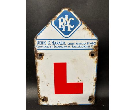 An RAC enamel 'L' plate with driving instructor's contact details, 7 1/2 x 11 1/2". 