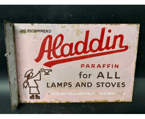 An 'Aladdin Paraffin for All Lamps and Stoves' double sided enamel sign with hanging bracket, 18 x 12".