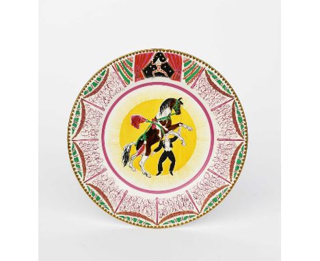 'Circus' a Clarice Cliff Bizarre dinner plate designed by Dame Laura Knight, printed and enamelled with a rearing performing 