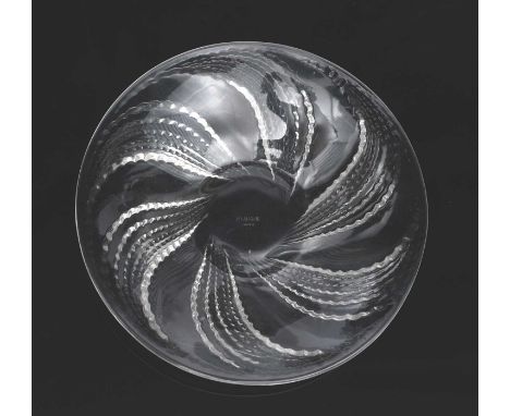 'Fleurons' No.3314 a Lalique clear glass bowl designed by Rene Lalique, a 'Lalique' glass display sign, a Lalique clear and f