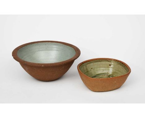 Richard Batterham (1936-2021)an early stoneware oblong dish, glazed ash to interior, the exterior unglazed, and a stoneware s