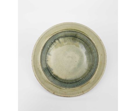 Richard Batterham (1936-2021)a large stoneware fruit dish with chatter bands, the ash glaze with blue,unsigned, painted blue 