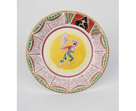 'Circus' a Clarice Cliff Bizarre dinner plate designed by Dame Laura Knight, printed and enamelled with an acrobat walking th