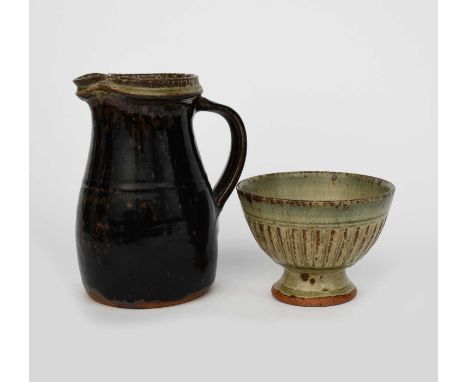 ‡ Richard Batterham (1936-2021)a stoneware jug, covered in a tenmoku glaze, the top rim glazed ash, and a footed bowl with cu