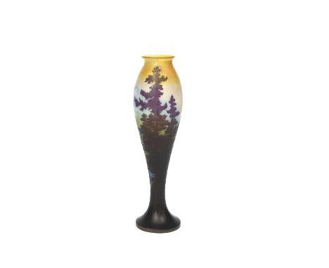 An Art Nouveau Galle cameo landscape vase designed by Emile Galle, slender, shouldered form, yellow glass cased in purple, de
