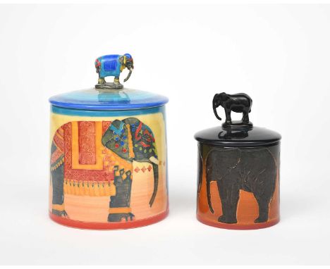 'Indian Elephant' a large Dennis China Works Trial pot and cover designed by Sally Tuffin, dated 2002, painted in colours, th