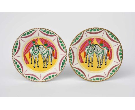 'Circus' a pair of Clarice Cliff Bizarre side plates designed by Dame Laura Knight, printed and enamelled with two performing