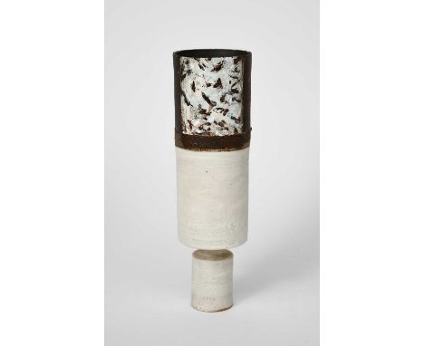 ‡ Robin Welch (1936-2019)a stoneware cylinder on foot, painted panel on manganese band, above whiteimpressed RW27cm. high 
