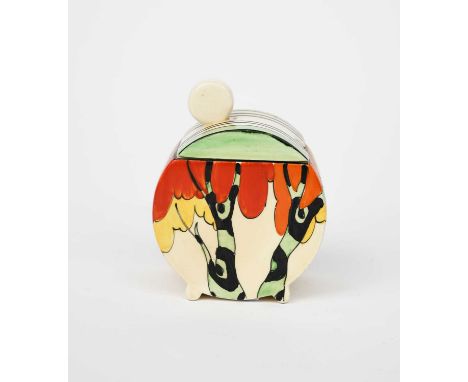 'Honolulu' a Clarice Cliff Bizarre Bon Jour preserve pot and cover, painted in colours, the cover with green and black bands,