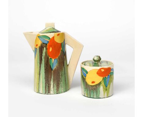 'Delecia Citrus' a Clarice Cliff Bizarre Conical coffee pot and cover, painted in colours, and a Clarice Cliff 'Delecia Citru