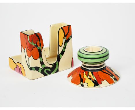 'Honolulu' a Clarice Cliff Bizarre candlestick, shape no.331, painted in colours, and a Clarice Cliff 'Honolulu' cigarette an