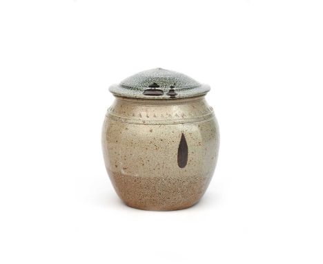 Richard Batterham (1936-2021)a large salt-glaze stoneware beaten jar and cover, with chatter band to shoulder, the blue-green