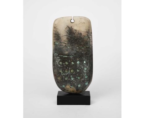 ‡ Peter Hayes (born 1946)blade form with keyhole, 2013textured raku, on polished slate base,signed and dated to base27.5cm. h