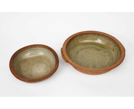 Richard Batterham (1936-2021)a large stoneware lugged pan, the interior glazed ash, and a stoneware pie dish by Richard Batte