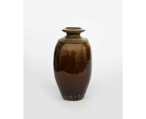 Richard Batterham (1936-2021)a small stoneware bottle, covered with a running manganese glaze to foot, the neck and shoulder 
