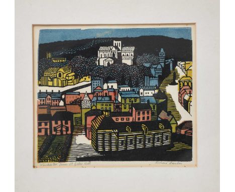 ‡ Richard Bawden RWS NEAC RE (born 1936)Winchester From St Giles Hill, linocut on paper, framedsigned Richard Bawden and titl