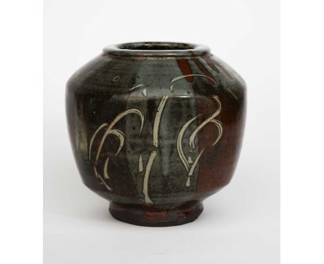 ‡ Jim Malone (born 1946)a stoneware vase, shouldered form with flattened sides, incised with simple grass motif, glazed in nu